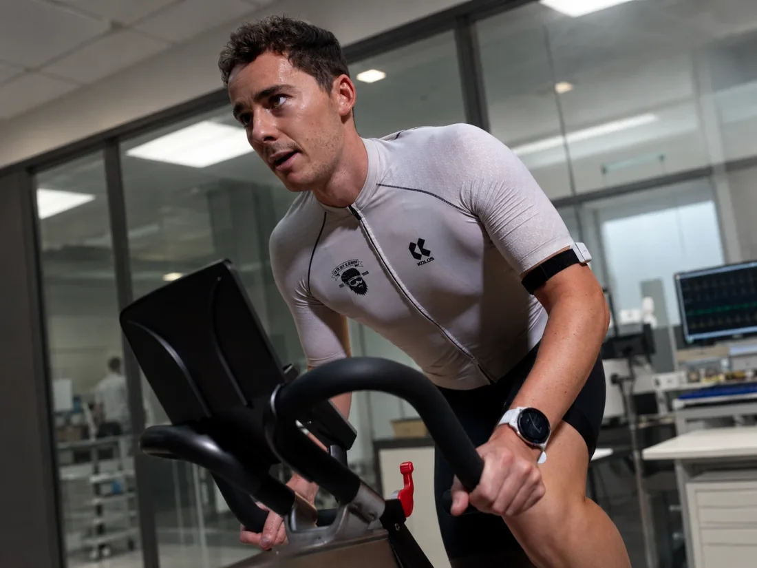hDrop sensor worn during an indoor cycling session in a sports laboratory