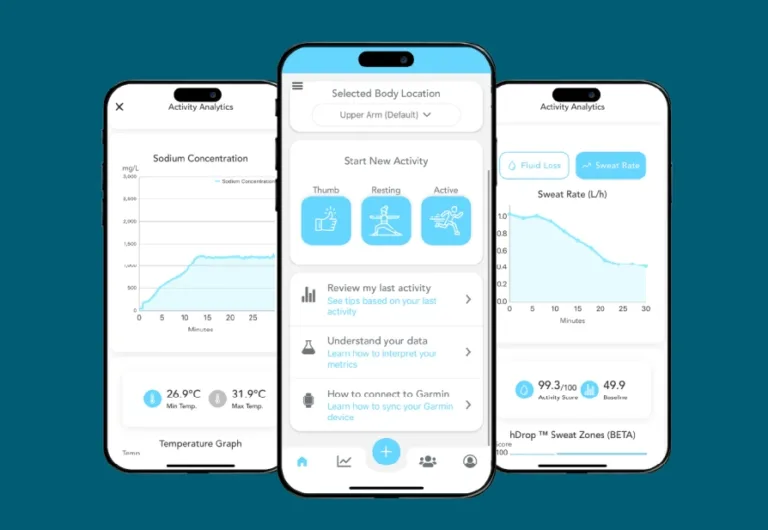 Three existing hDrop app screens showing activity setup and sweat analysis