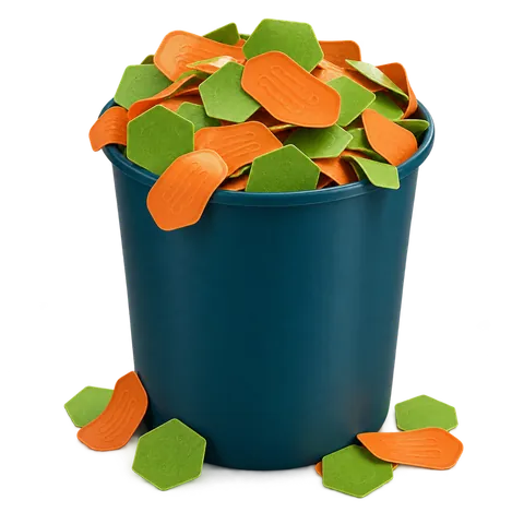 Illustration of a bin overflowing with green hexagonal and orange curved disposable sweat patches.
