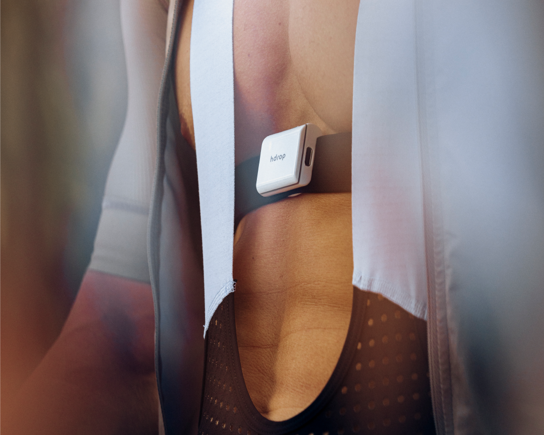 Diagram showing hDrop Gen 2 chest placement, illustrating an alternative on-body location for sweat sensing during training